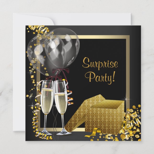 Convites Champagne Confetti Black Surprise Party (Frente)