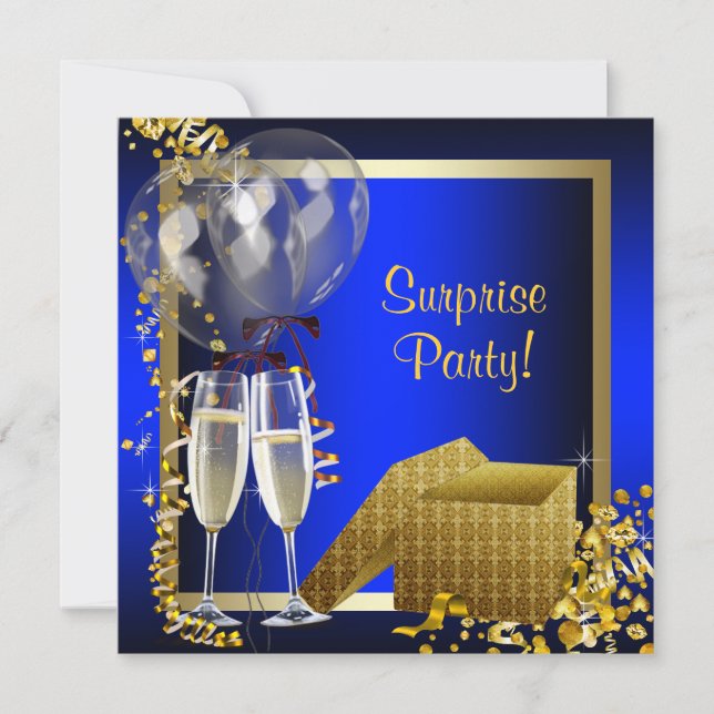 Convites Champagne Confetti Blue e Dourada Surprise Party (Frente)