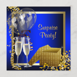 Convites Champagne Confetti Blue e Dourado Surprise Party