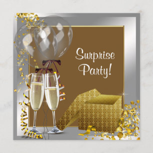 Convites Champagne Confetti Prata, Dourada Surpresa