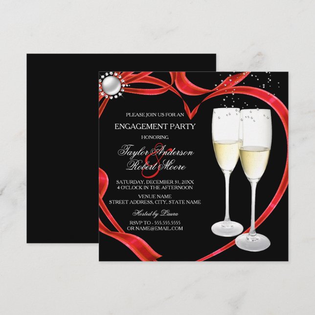 Convites Champagne & Coração Engajamento Preto Prata Vermel (Frente/Verso)