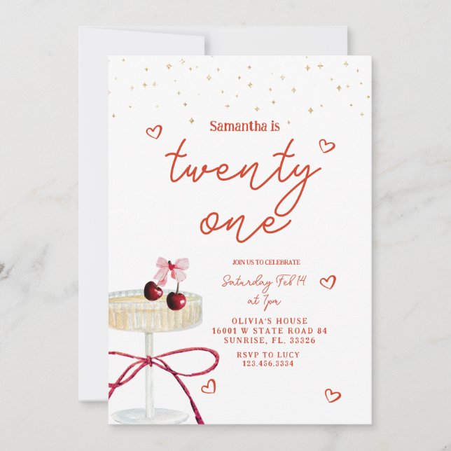 Convites Champagne Coupe Cherry Heart Birthday Invitation (Frente)