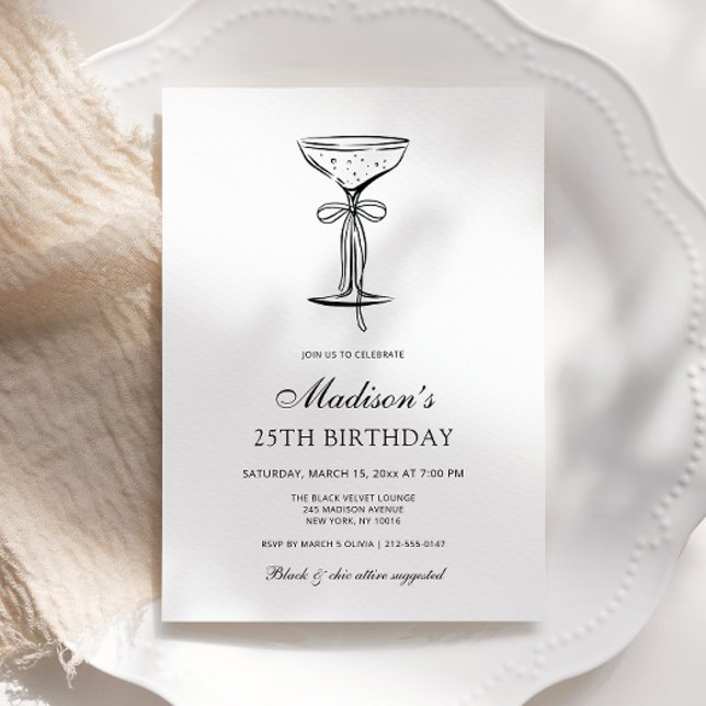 Convites Champagne Coupe Elegant Bow Birthday Invitation (Criador carregado)