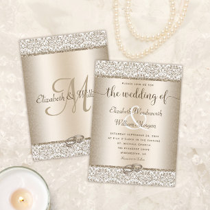 Convites Champagne Damask Glitter Monograma Casamento Elega