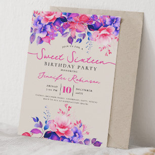 Convites Champagne de Aniversário de 16 Anos Rosa Floral Fe