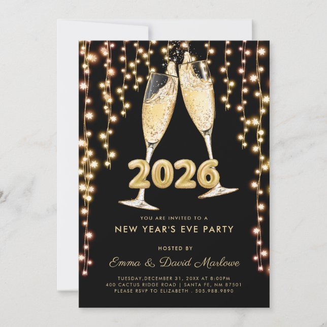 Convites Champagne Dourada Preta Moderna Réveillon 2026 (Frente)