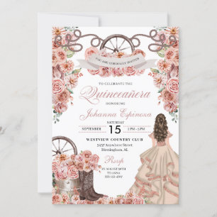 Convites Champagne Dourada Western Ranchero Quinceanera