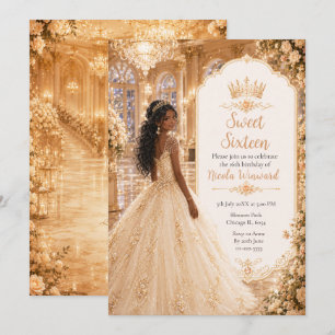 Convites Champagne Dourado Salão de Baile Sweet Sixteen