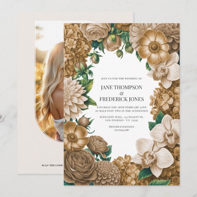 Convites Champagne Dust, Golden Wheat & Mocha Linen Wedding (Frente/Verso)