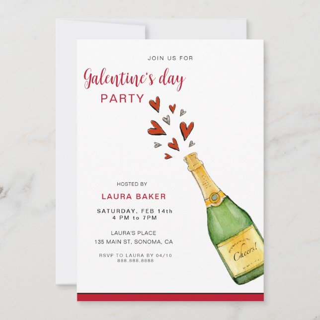 Convites Champagne e Hearts Galentine's Day Party (Frente)