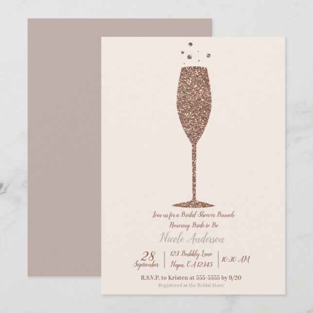 Convites Champagne Espumante Rosa Dourado Brunch de Chá de  (Frente/Verso)
