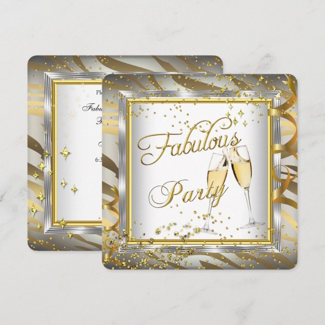 Convites Champagne Fabulous Party Zebra Creme Ouro Prata 2 (Frente/Verso)