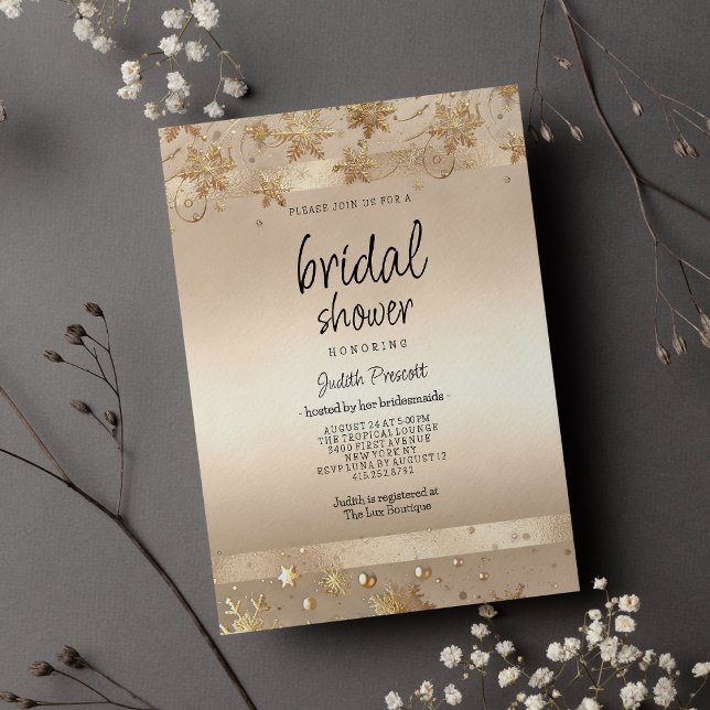 Convites Champagne Flocos de Neve Luxo Chá de Noiva (Champagne Golden Snowflakes Luxury Bridal Shower )