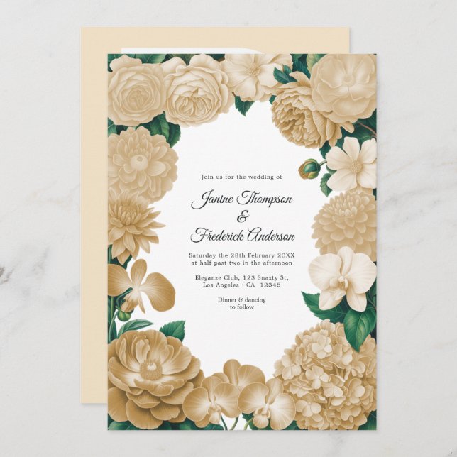 Convites Champagne Floral Photo and QR Code Wedding (Frente/Verso)