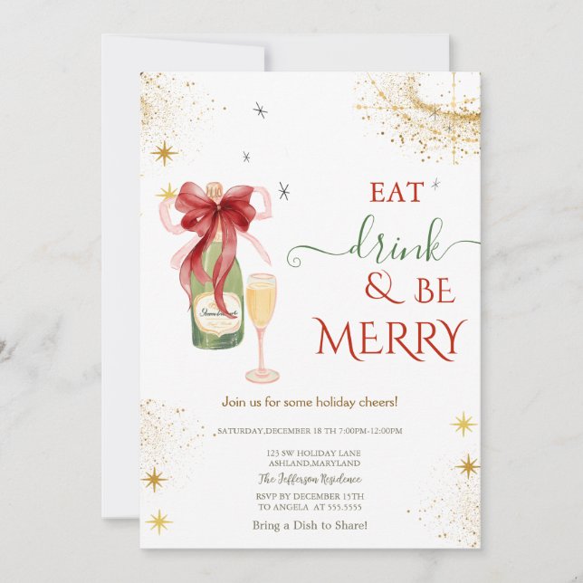 Convites Champagne Glass Bottle Red Bow (Frente)