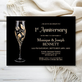 Convites Champagne Glass Gold Leaf 1st Wedding Anniversary
