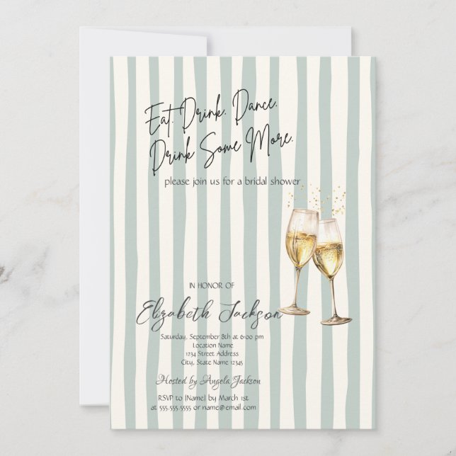 Convites Champagne Glass Green Stripes Bridal Shower (Frente)