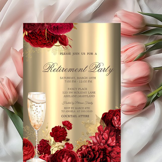 Convites Champagne Glass Red Roses Gold Retirement Party (Criador carregado)