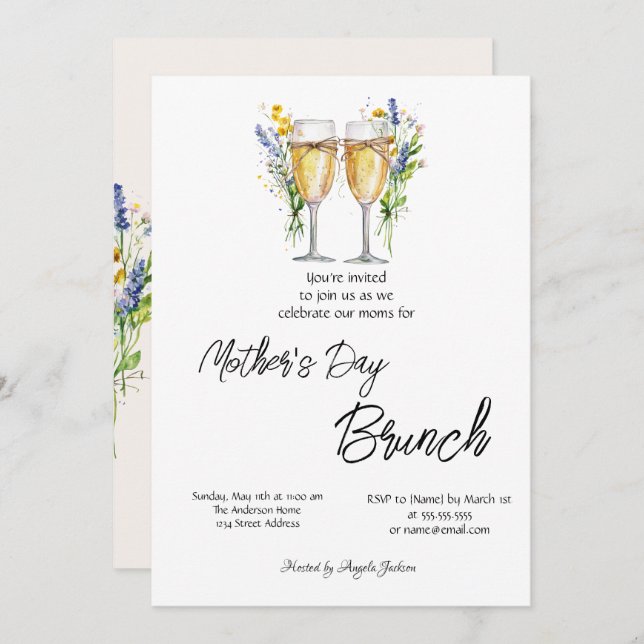Convites Champagne Glass Wildflower Dia de as mães Brunch (Frente/Verso)
