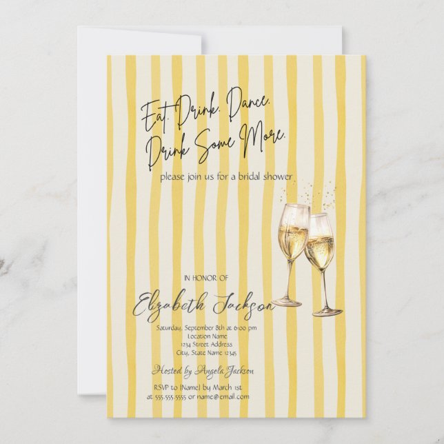 Convites Champagne Glass Yellow Stripes Bridal Shower (Frente)