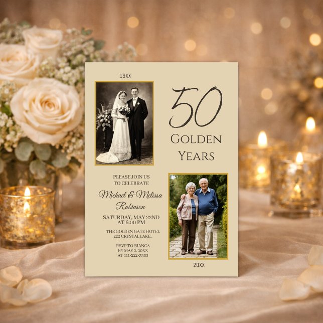 Convites Champagne Gold Then and Now 50th Anniversary (Then and now 50th anniversary invitation with romantic candlelight celebration theme)