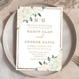 Convites Champagne Ivory Floral Frame Monograma Casamento