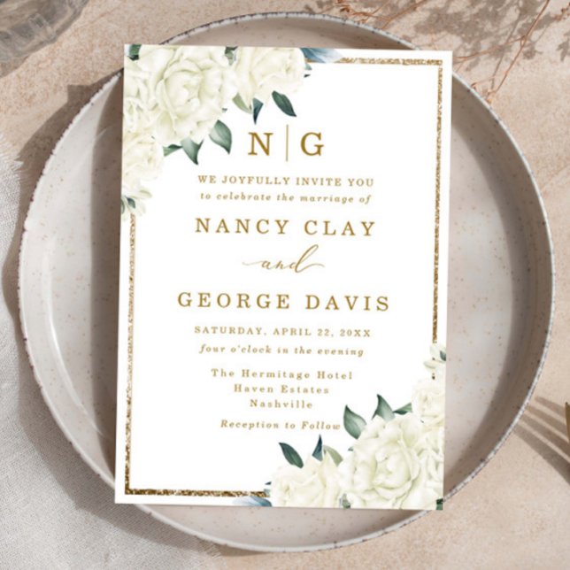 Convites Champagne Ivory Floral Frame Monograma Casamento (Criador carregado)