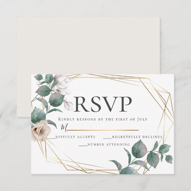 Convites Champagne Ivory Peony Wedding RSVP Botânica (Frente/Verso)