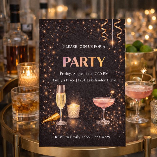Convites Champagne Lights Celebration Invitation (Champagne lights and golden sparkle set the scene for an upscale evening celebration)
