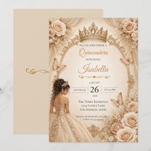 Convites Champagne Marfim Quinceañera  (Frente/Verso)