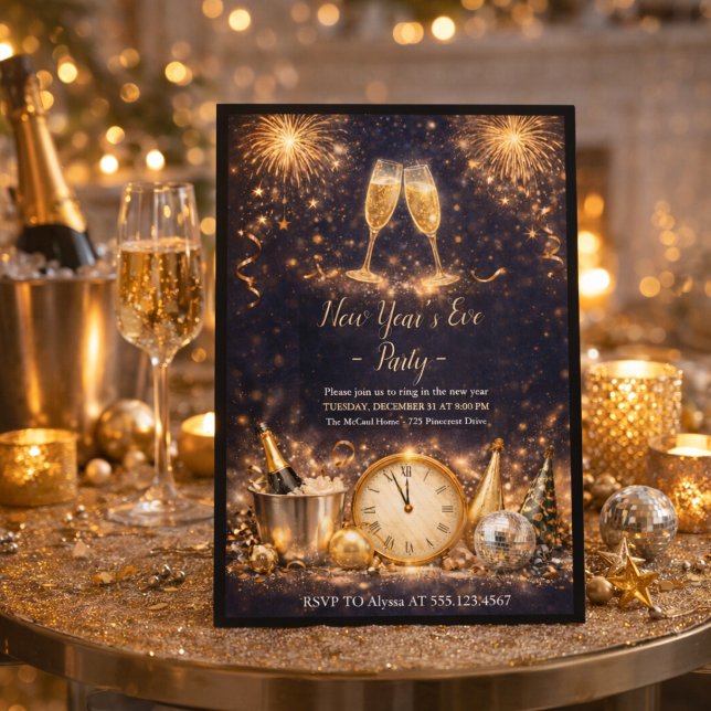 Convites Champagne Midnight Toast Invitation (Ring in the new year with champagne, fireworks, and a glowing midnight celebration)