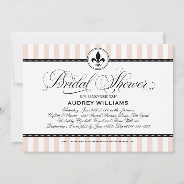 Convites Champagne Rosa Fleur de Lis Casamento Chá de Noiva (Frente)