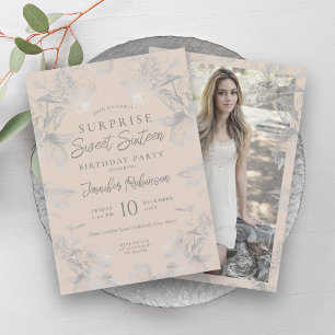 Convites Champagne Silver Floral Foto SURPRISE Sweet 16