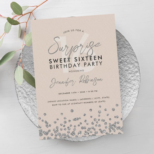 Convites Champagne Silver Glitter Surpresa Sweet 16 (Champagne Silver Glitter Surprise Sweet 16 Invitation)
