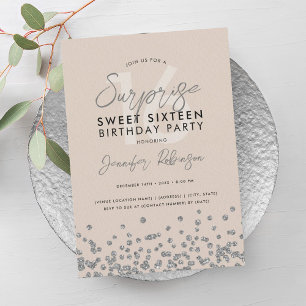 Convites Champagne Silver Glitter Surpresa Sweet 16