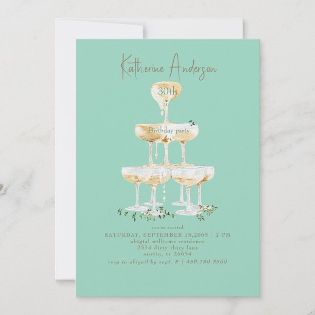 Convites Champagne Tower Turquoise 30th Birthday Party  (Frente)