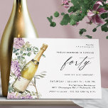 Convites Champagne Watercolor | Diversão Elegante aniversár<br><div class="desc">Convites bonito de aniversário de 40 anos com a ilustração aquosa de uma garrafa de champanhe rodeada de flores roxas. Grande "quarenta" texto é escrito em script,  para um convite divertido mas elegante,  com uma cor verde pálida coordenada no reverso.</div>