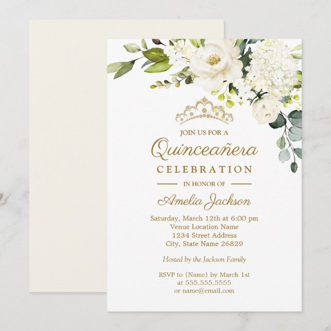 Convites Champagne Watercolor Quinceanera Floral (Frente/Verso)