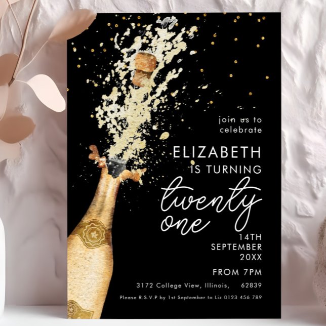 Convites Champanhe aniversário de 21 anos Black Dourado Con (Criador carregado)