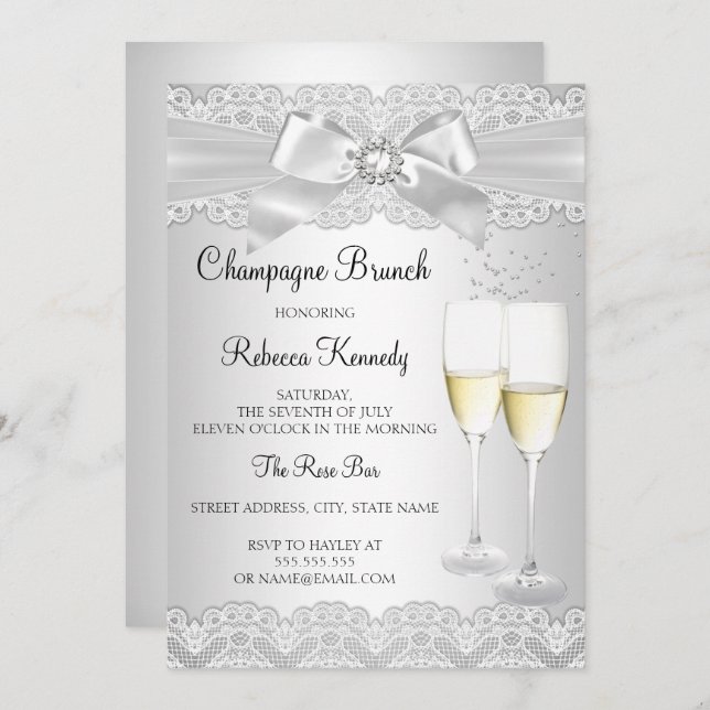 Convites Champanhe Branco Elegante Brunch (Frente/Verso)