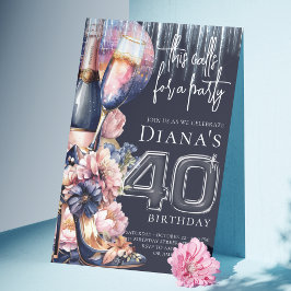 Convites Champanhe Cor-de-Rosa aniversário de 40 anos azul