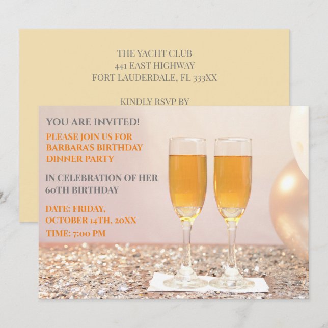 Convites Champanhe de 60 anos, amarelo claro (Frente/Verso)