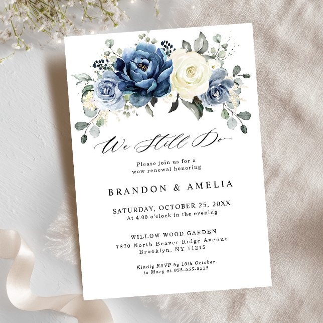Convites Champanhe de Marinho Azul Dusty Ivory Floral Ainda (Dusty Blue Navy Champagne Ivory Floral We still do Invitation)