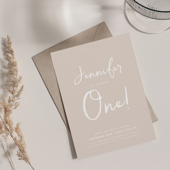 Convites Champanhe de Script de primeiro aniversario Mínimo (Modern Minimal 1st Birthday Script Champagne Invitation)