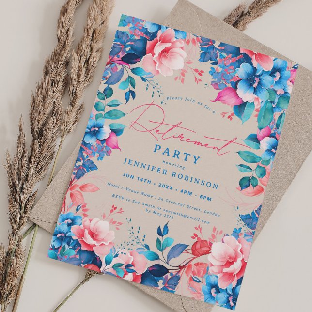 Convites Champanhe do Partido da Reforma Floral do Jardim b (Pretty Garden Floral Retirement Party Champagne Invitation)