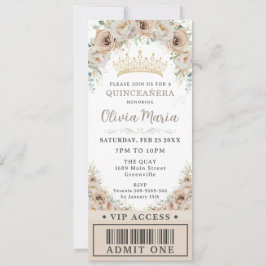 Convites Champanhe Dourado Beige Floral Quinceañera VIP Tic
