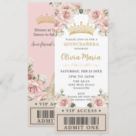 Convites Champanhe Dourado Blush Floral Quinceañera Tíquete