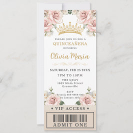 Convites Champanhe Dourado Blush Floral Quinceañera Tíquete