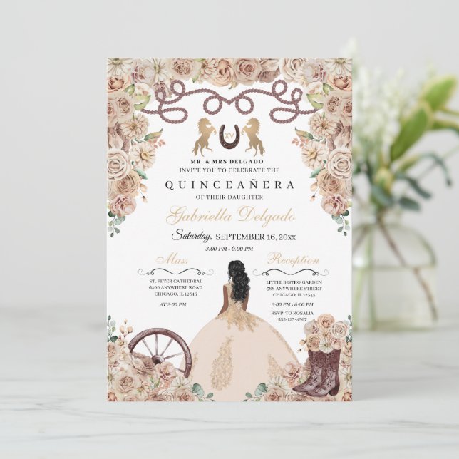 Convites Champanhe Dourado Charro Princess Quinceanera (Em pé/Frente)