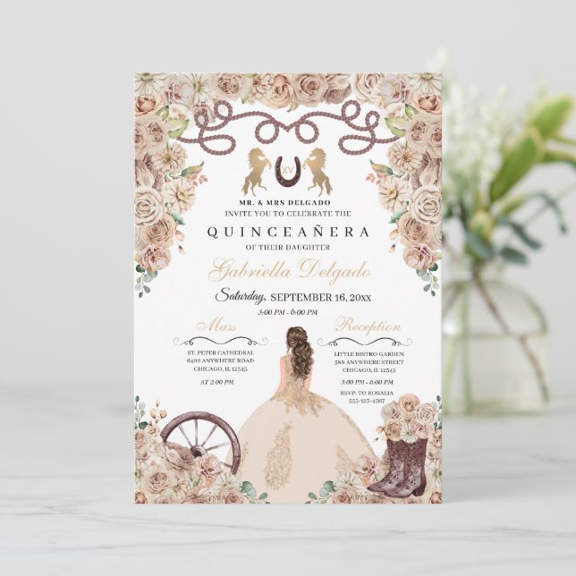 Convites Champanhe Dourado Charro Princess Quinceanera (Em pé/Frente)